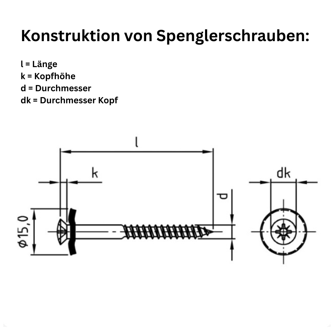 Taumelfreie Spenglerschrauben 3tlg. mit Dichtscheibe 15 mm, Art. 9167 A2- Kupfer