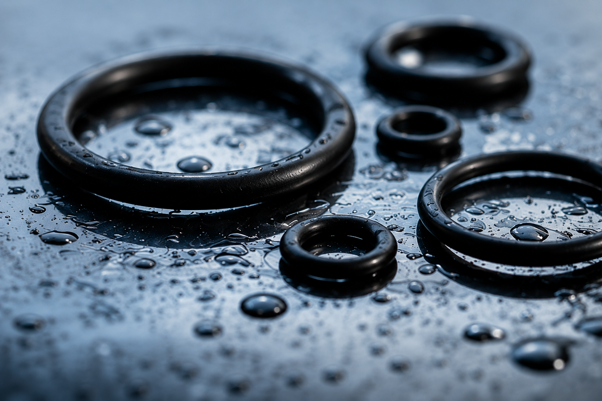 Schwarze O-Ringe in verschiedenen Größen auf einer nassen Oberfläche